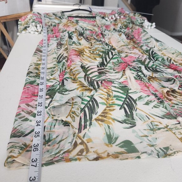Nine West Sheer Kimono Cardigan Tropical Print Pom-Pom Cover-Up Drawstring O/S - Picture 9 of 11